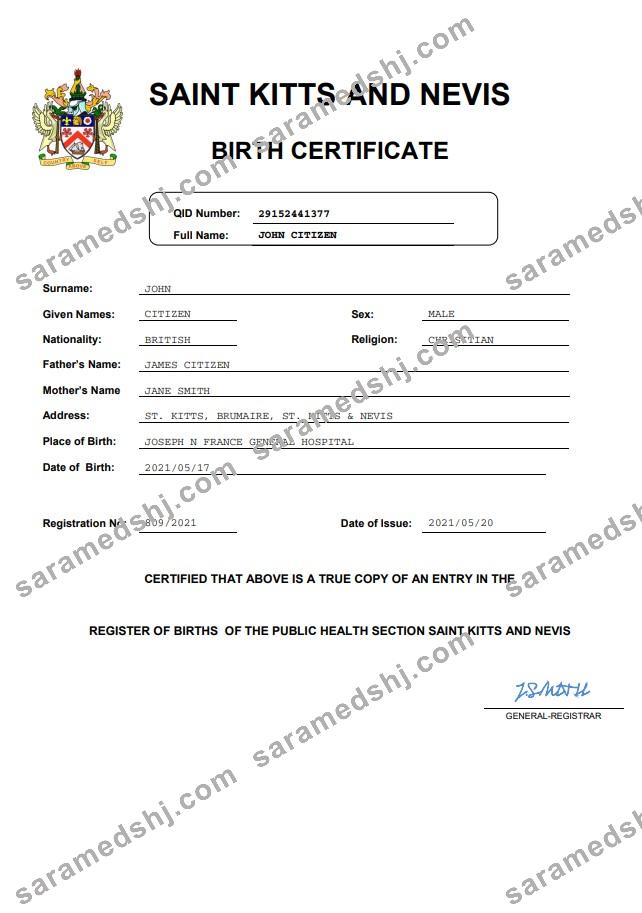 Saint Kitts and Nevis vital record birth certificate Word and PDF template